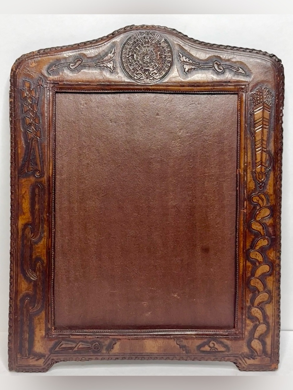 Vintage 1940s Mexican Hand Tooled Leather Picture Frame Aztec 8x10 Easel 13.5”